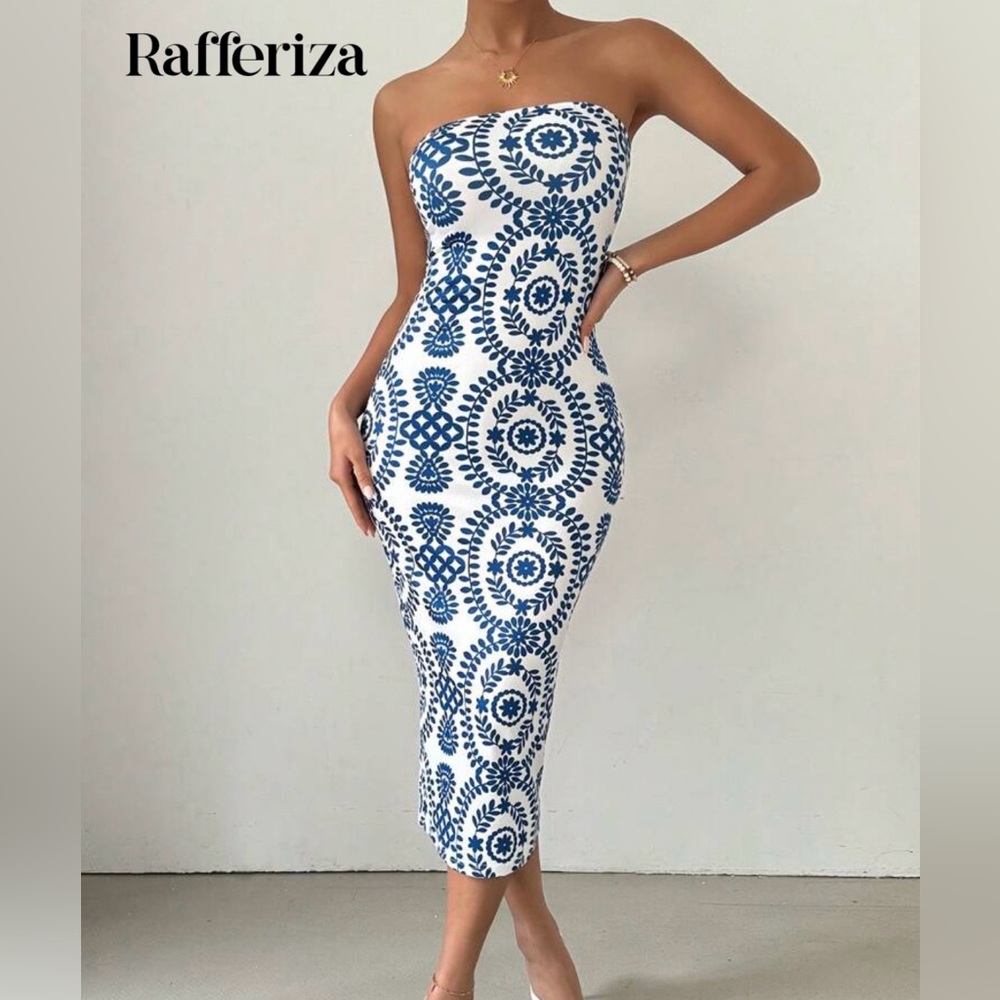 Blue and White Strapless Dress